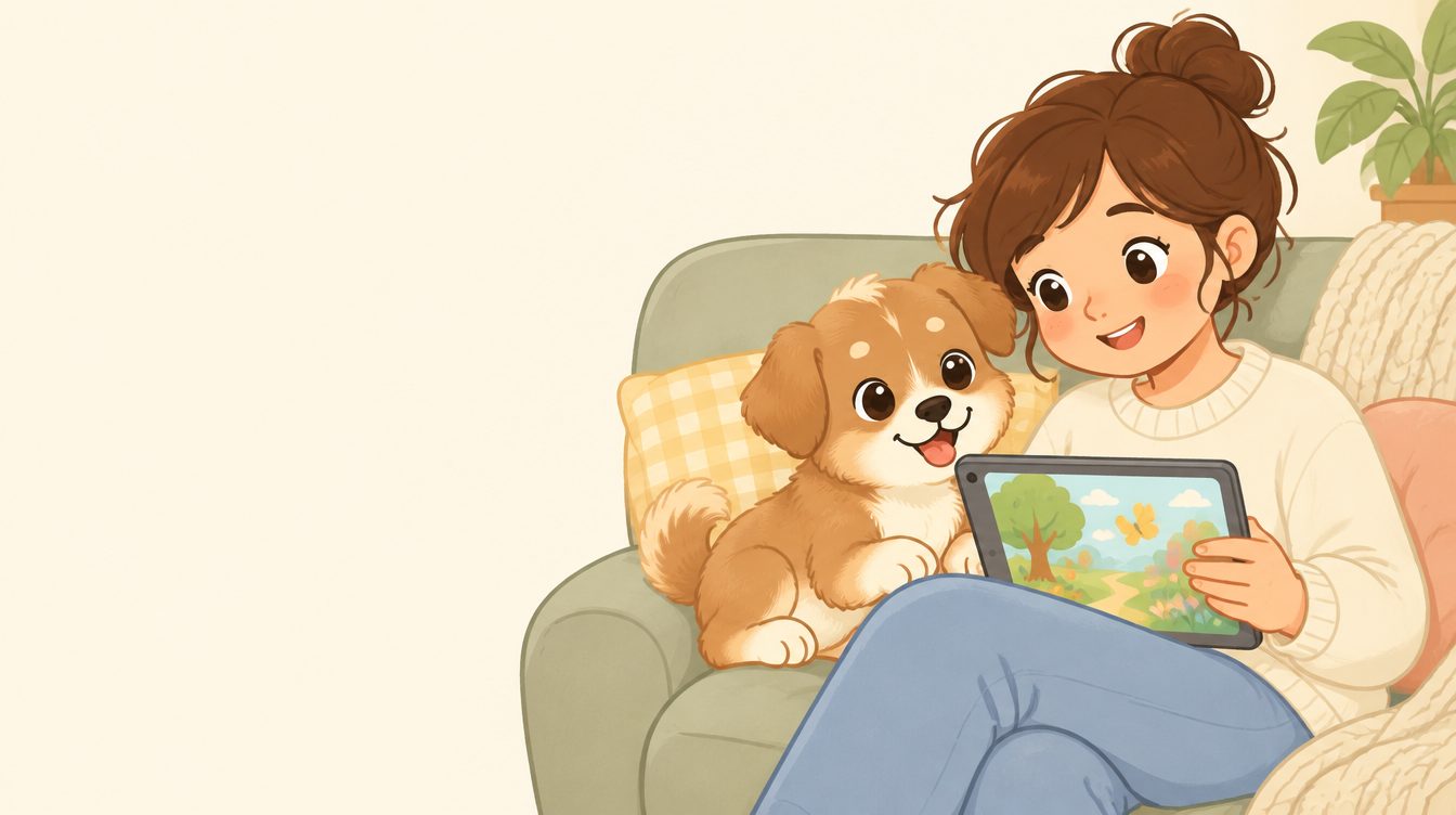 Tutora lendo o guia no tablet ao lado do cachorro